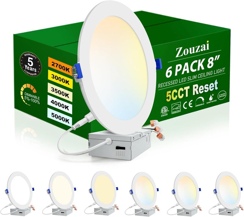 zouzai 8 Inch Ultra-Thin LED Recessed Ceiling Light with Junction Box, 18W (150W Eqv), 1620LM, Dimmable 5CCT 2700K/3000K/3500K/4000K/5000K Selectable, ETL & Energy Star Certified【6 Pack】 - Image 1
